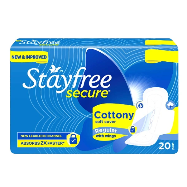 Stayfree Secure Regular Cottony Soft Cover Sanitary Pads For Women With Wings, 20 Pads